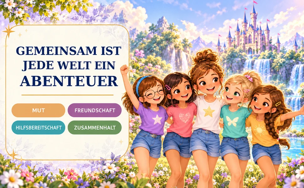 Clara und ihre vier Freundinnen jubeln vor einem Märchenschloss