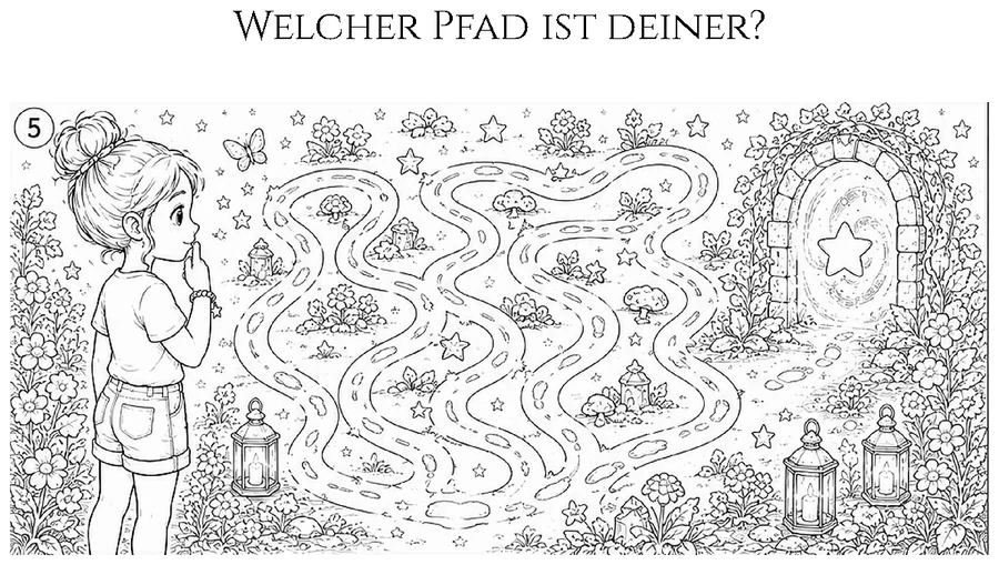 Ausmalbild 5: Ein Labyrinth aus Pfaden – welcher führt zum Tor?