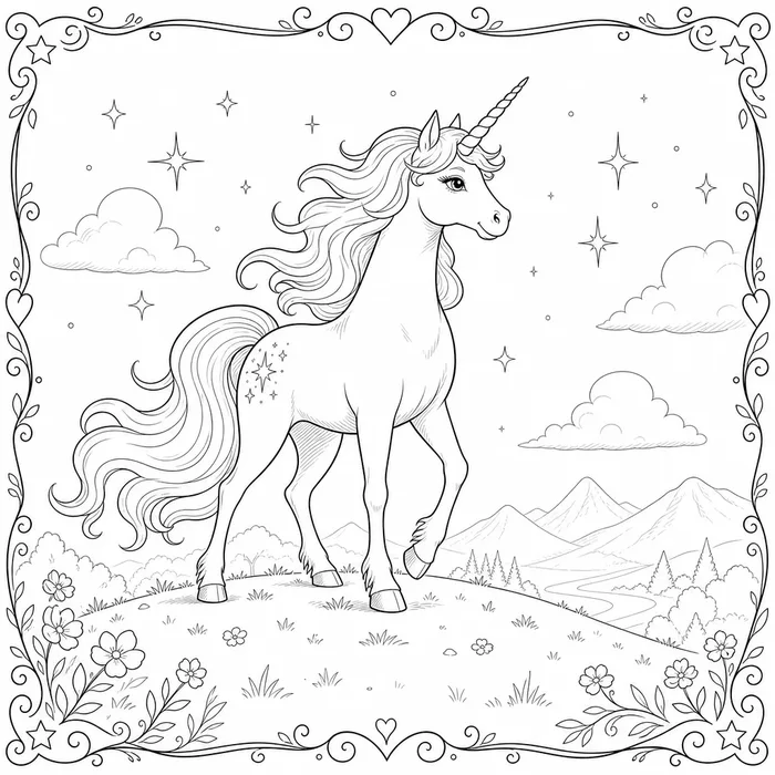 Ausmalbild: ein Einhorn auf einem Hügel unter Sternen