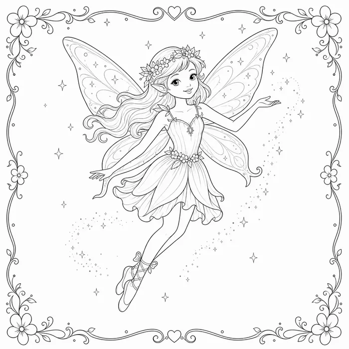 Ausmalbild: eine fliegende Fee mit Blumenkranz