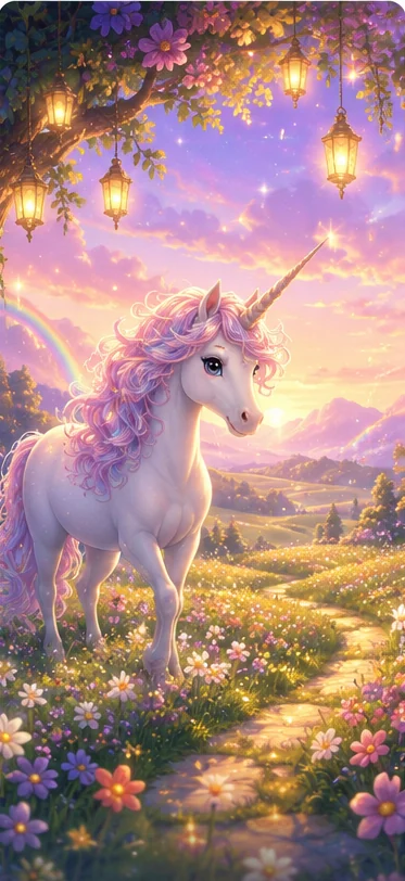 Ein Einhorn auf einer blühenden Wiese im Abendlicht